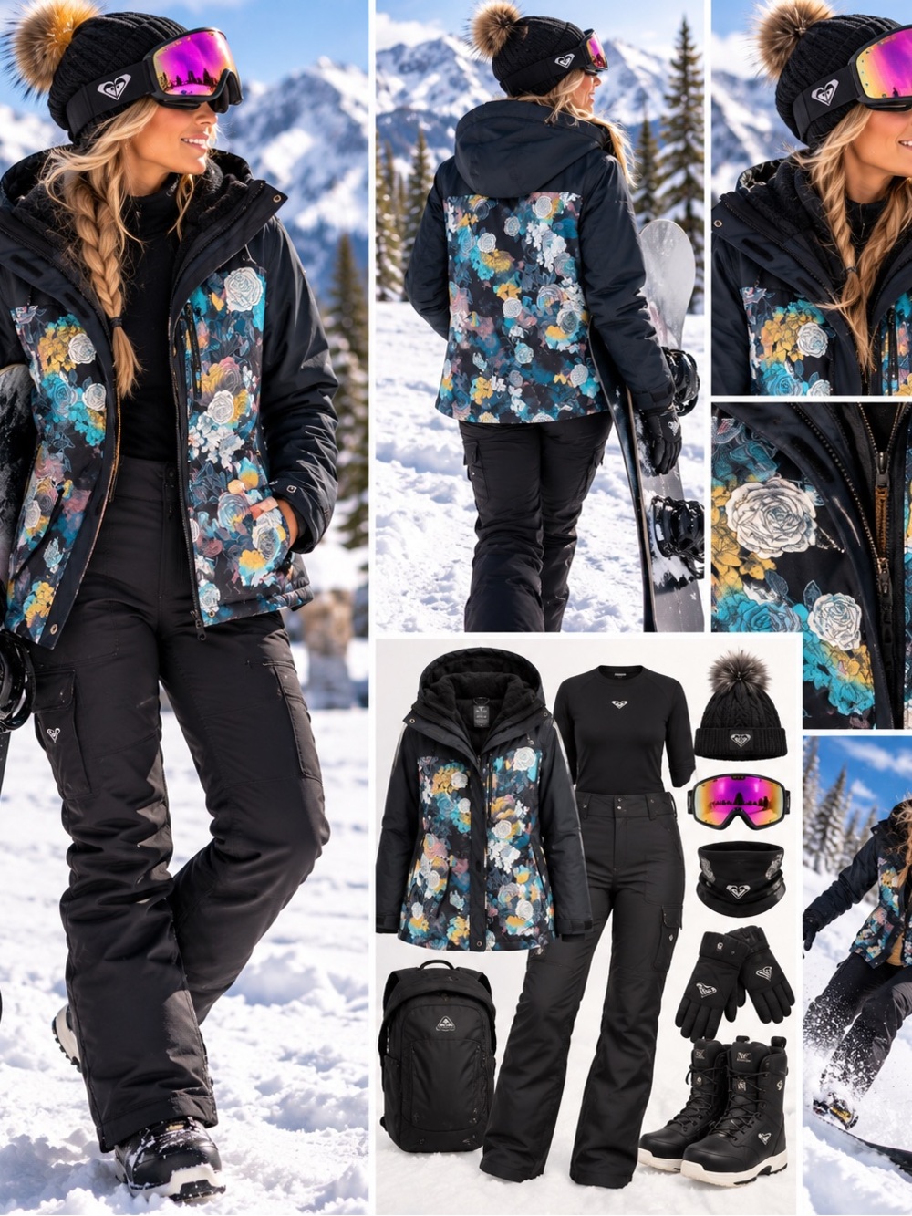 NWOT Roxy Women's Black Floral Ski Jacket with Teal & Gold Accents